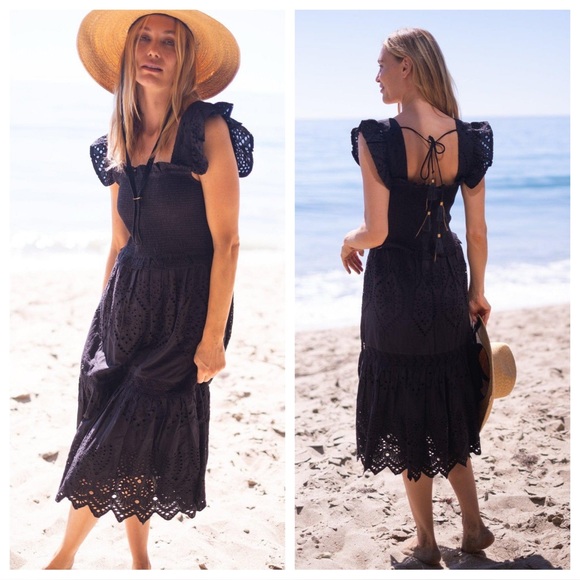 NWT Bell Alicia Bell Black Smocked Eyelet Midi Dress - Picture 1 of 7
